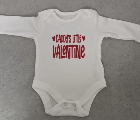 Long Sleeve Vest White baby bodysuit with red text reading "Daddy's Little Valentine."