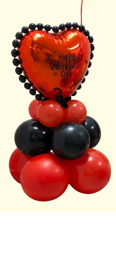 Floor-standing Balloon Cluster A decorative balloon arrangement with a red heart and black, red, and gold balloons.