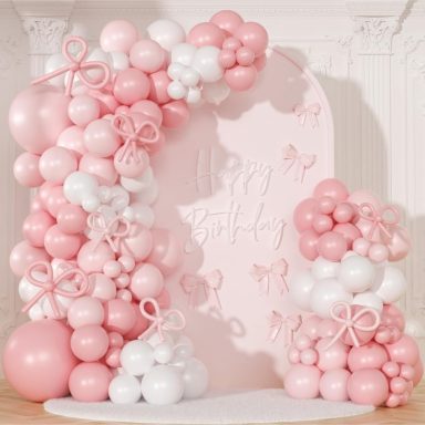 Balloon Garland with Sailboard A decorative archway made of pink and white balloons.