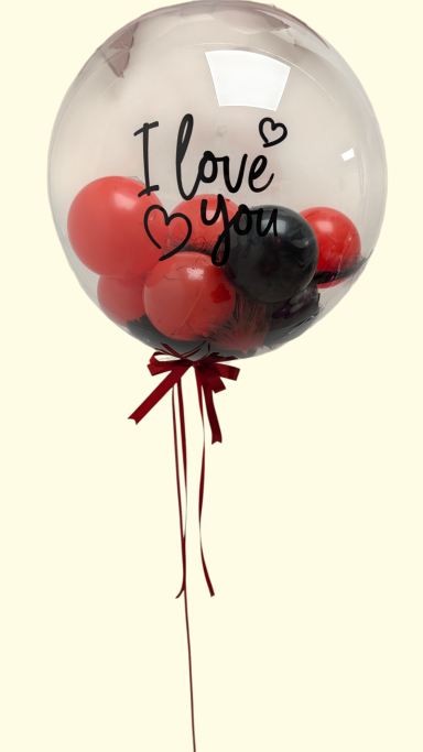 Filled Helium Bobo Balloon Clear balloon filled with red and black balloons, labelled "I love you" with a bow.