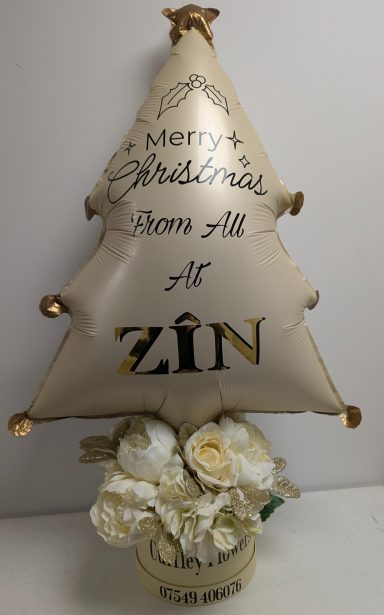 Hat Box with Personalised Foil Balloon Christmas tree-shaped balloon with floral arrangement, wishing "Merry Christmas from all at ZIN".